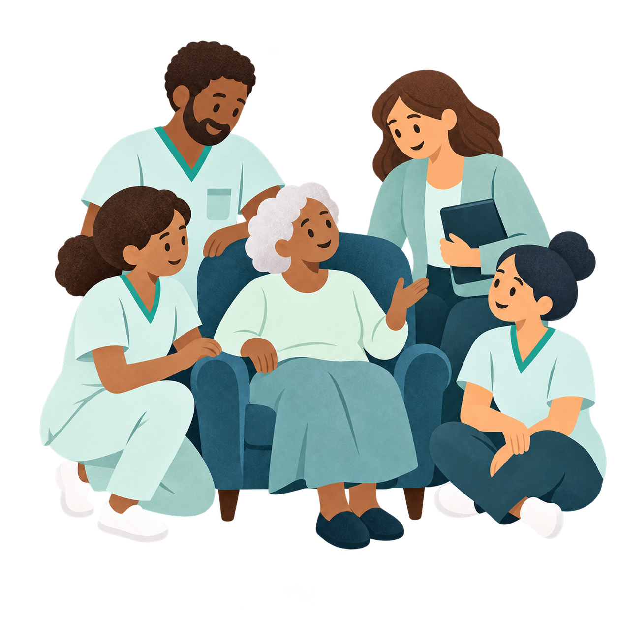Care workers and a provider representative sharing a conversation with an older resident.
