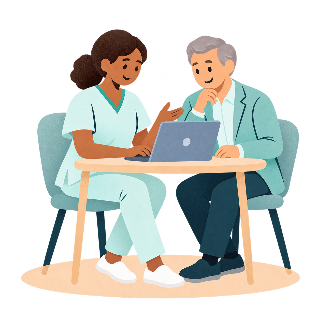 A care worker and provider reviewing a laptop together.