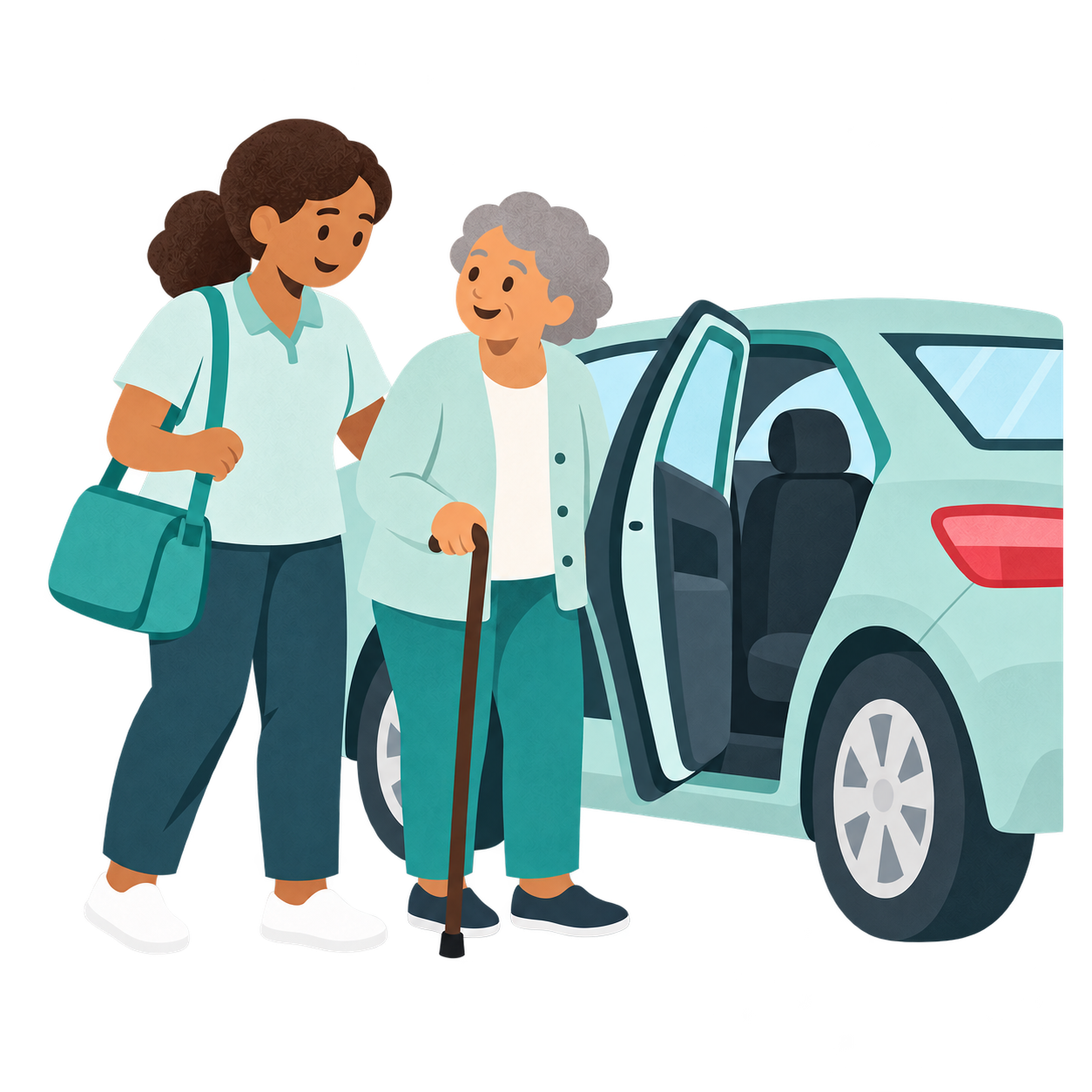A support worker accompanying an older person beside a passenger vehicle.