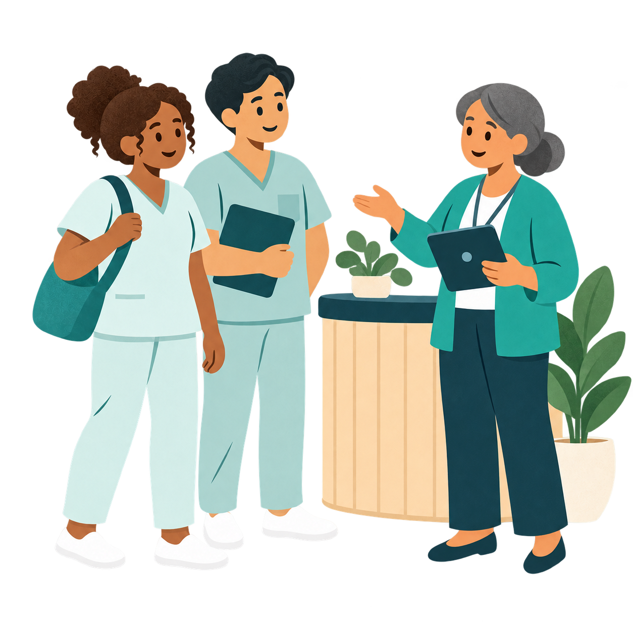 A healthcare manager welcoming care workers to her service.